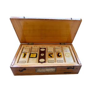 A beautiful wooden box of antique microscope slides of insects 