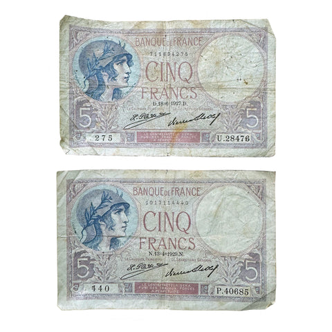 a set of 2 French 5 francs bank notes dated 1927 and 1929 creased