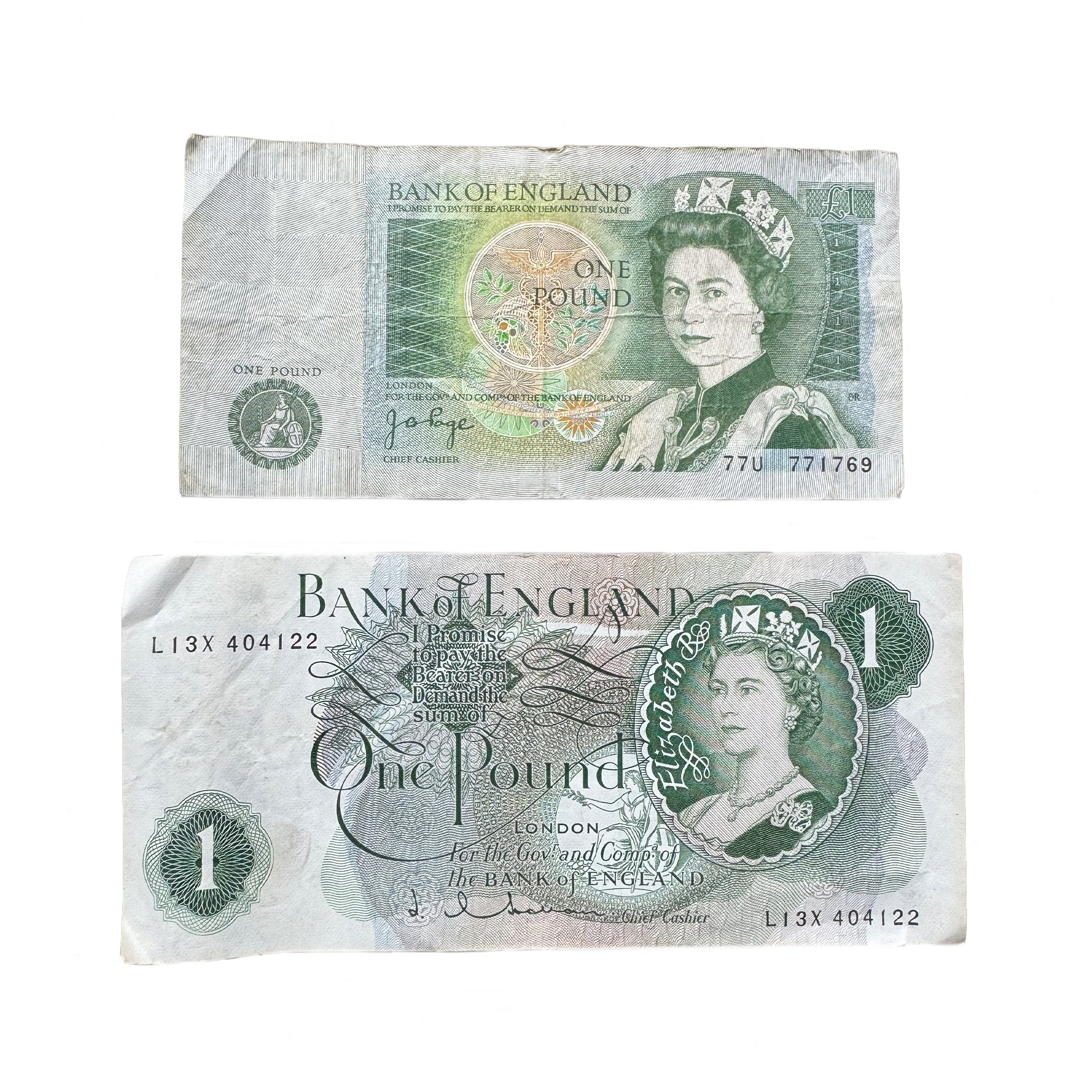 a set of 2 one pound notes vintage