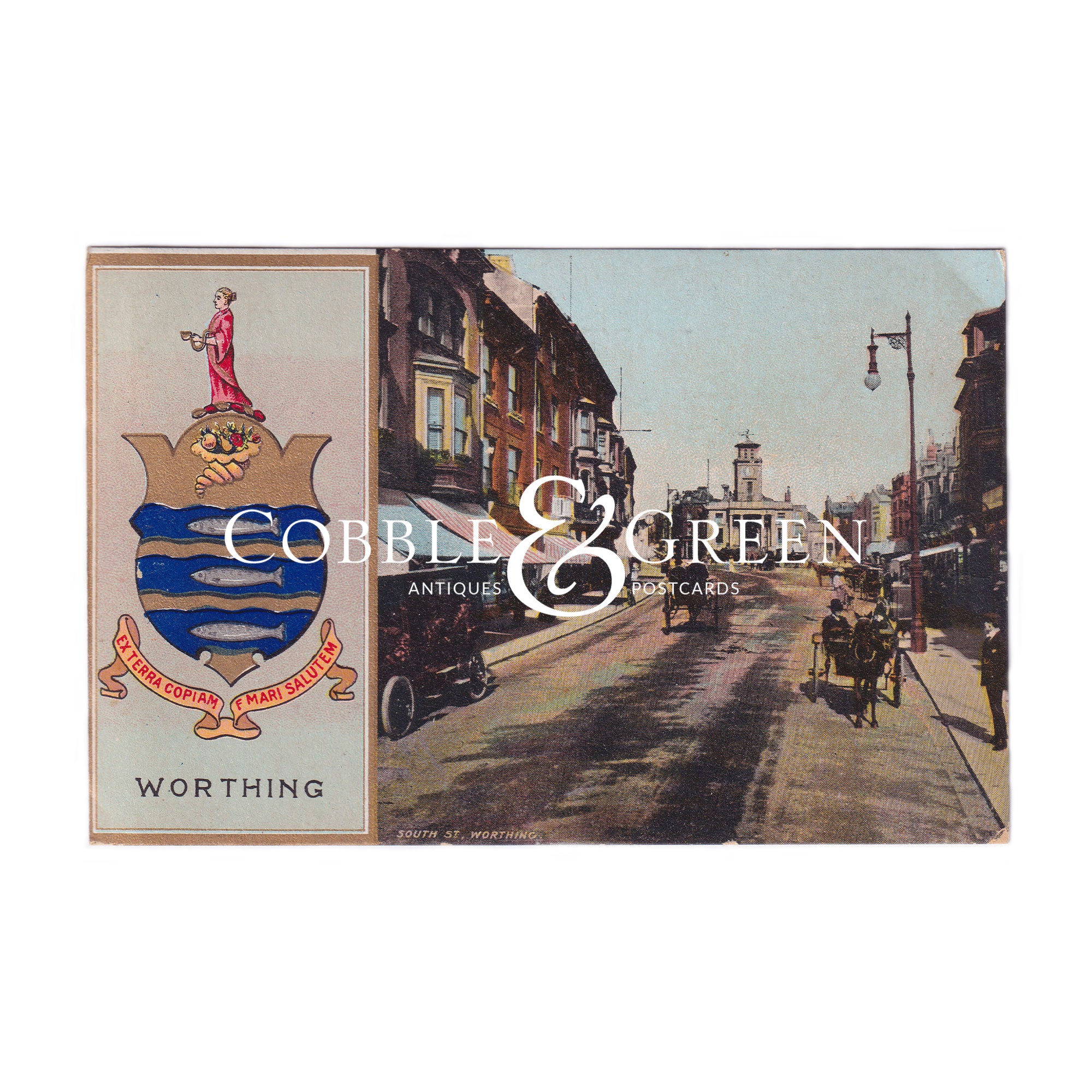 A lovely old postcard of South Street in Worthing with the Coat of Arms