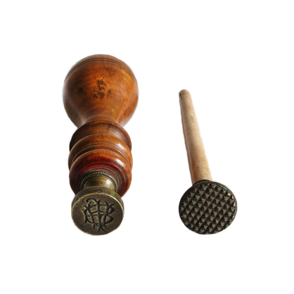 two old antique wax seal stamps with wooden handle and possibly bone handle dated late 1800s