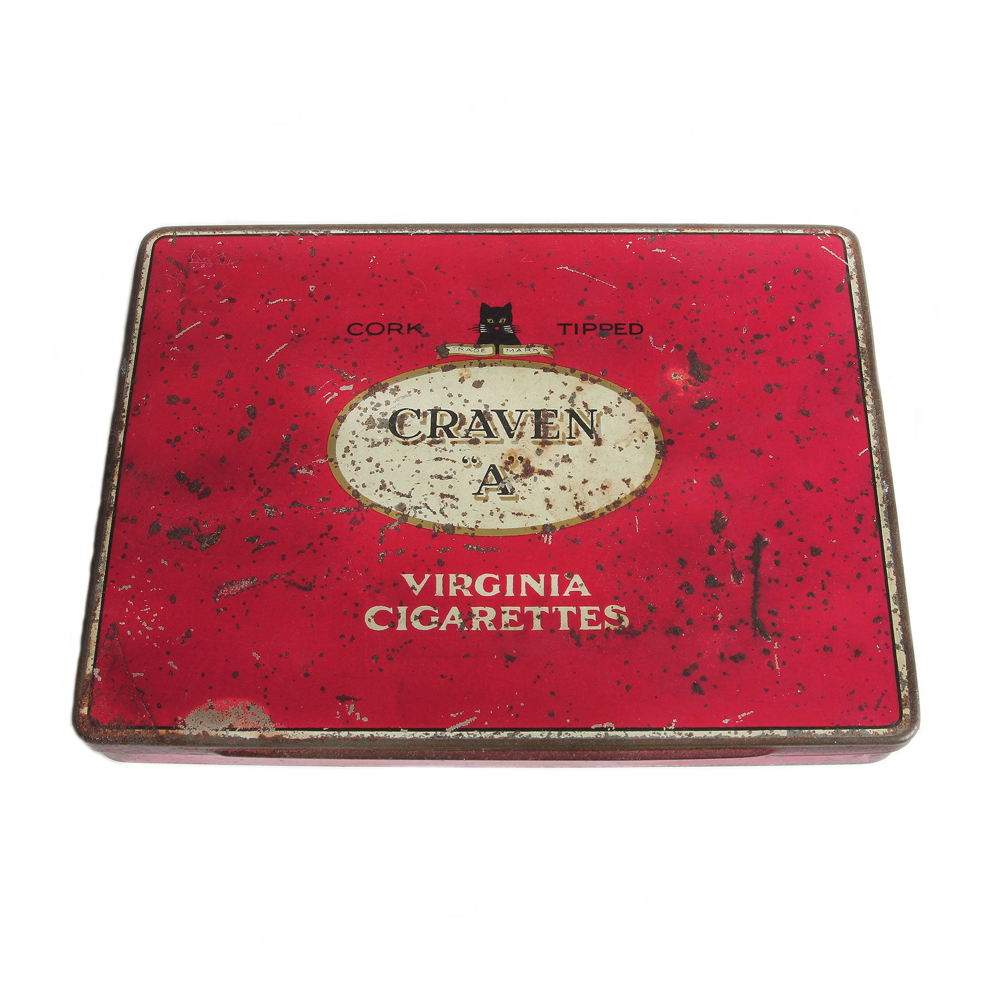 A secondhand red and cream cigarette tin which is worn Craven A