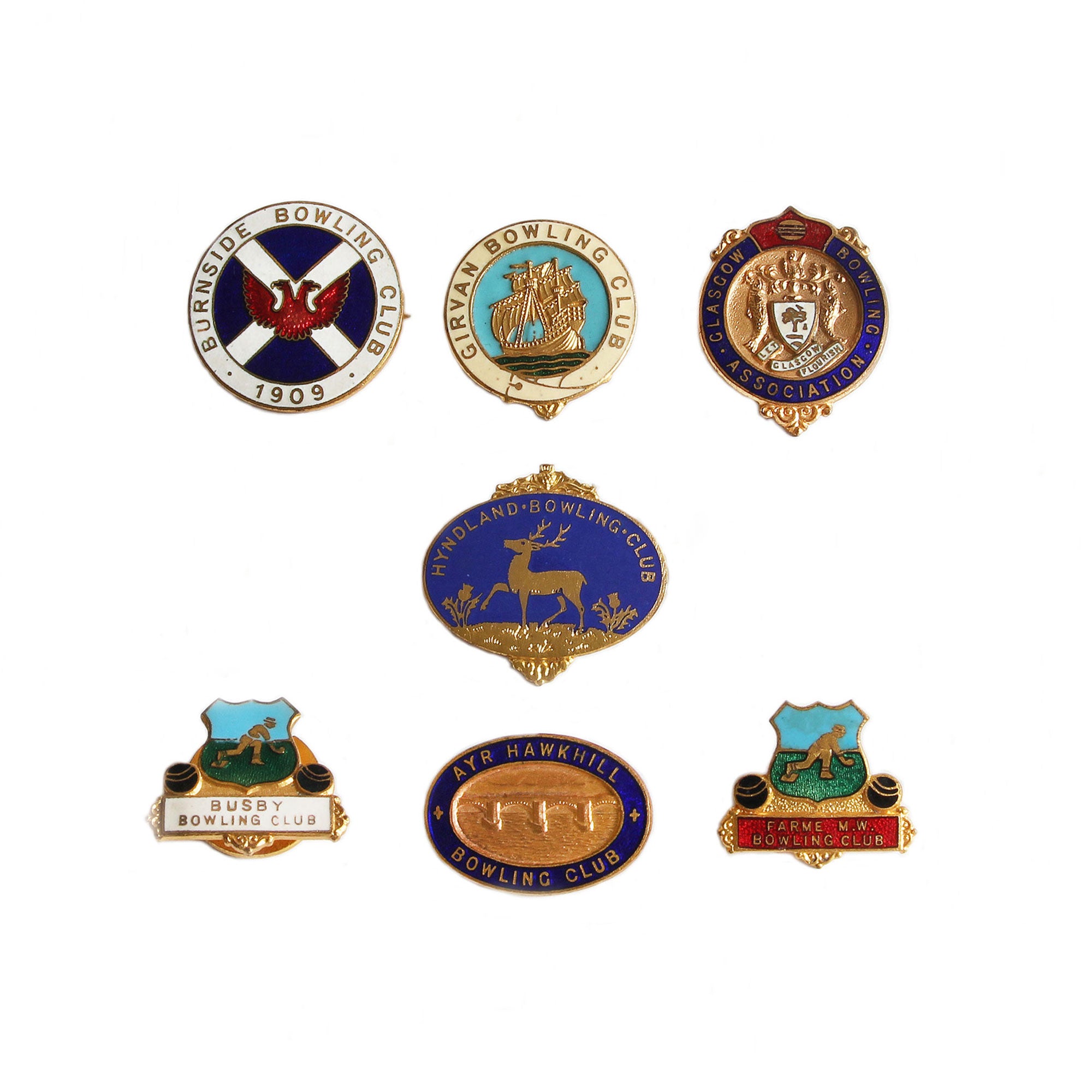 A set of 7 bowling club badges with enamel