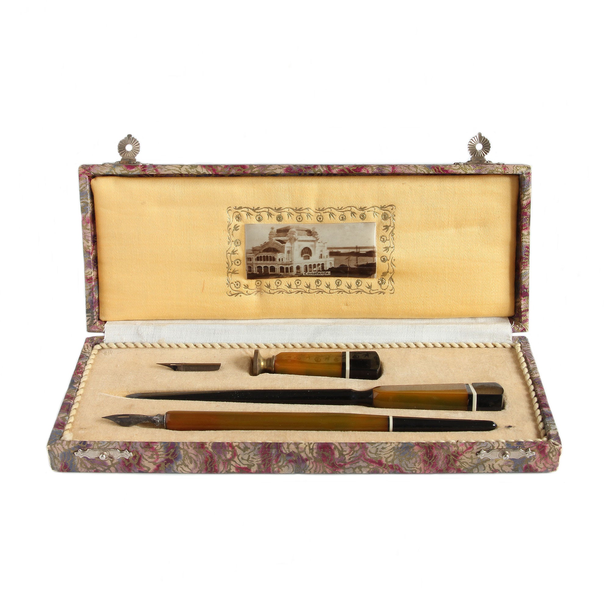 A beautiful vintage writing set with Bakelite fountain pen, letter opener, seal stamp in a box