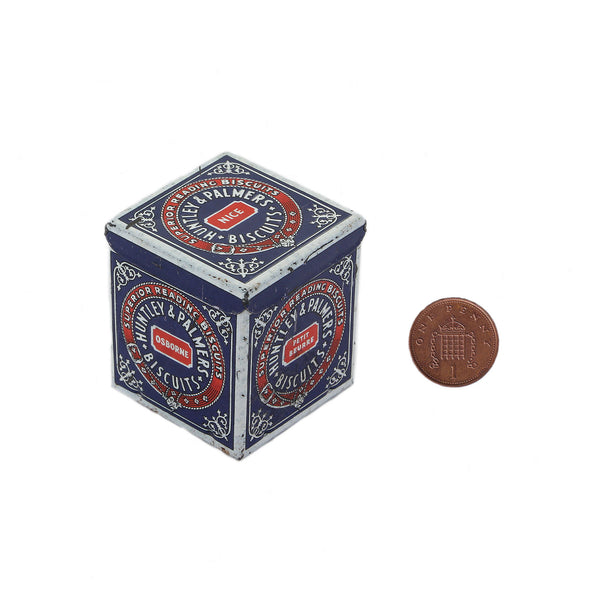 A huntley and palmers secondhand miniature biscuit tin blue white red colouring