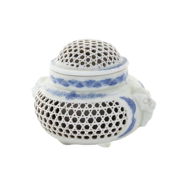 A secondhand japanese incense burner blue and white pattern porcelain