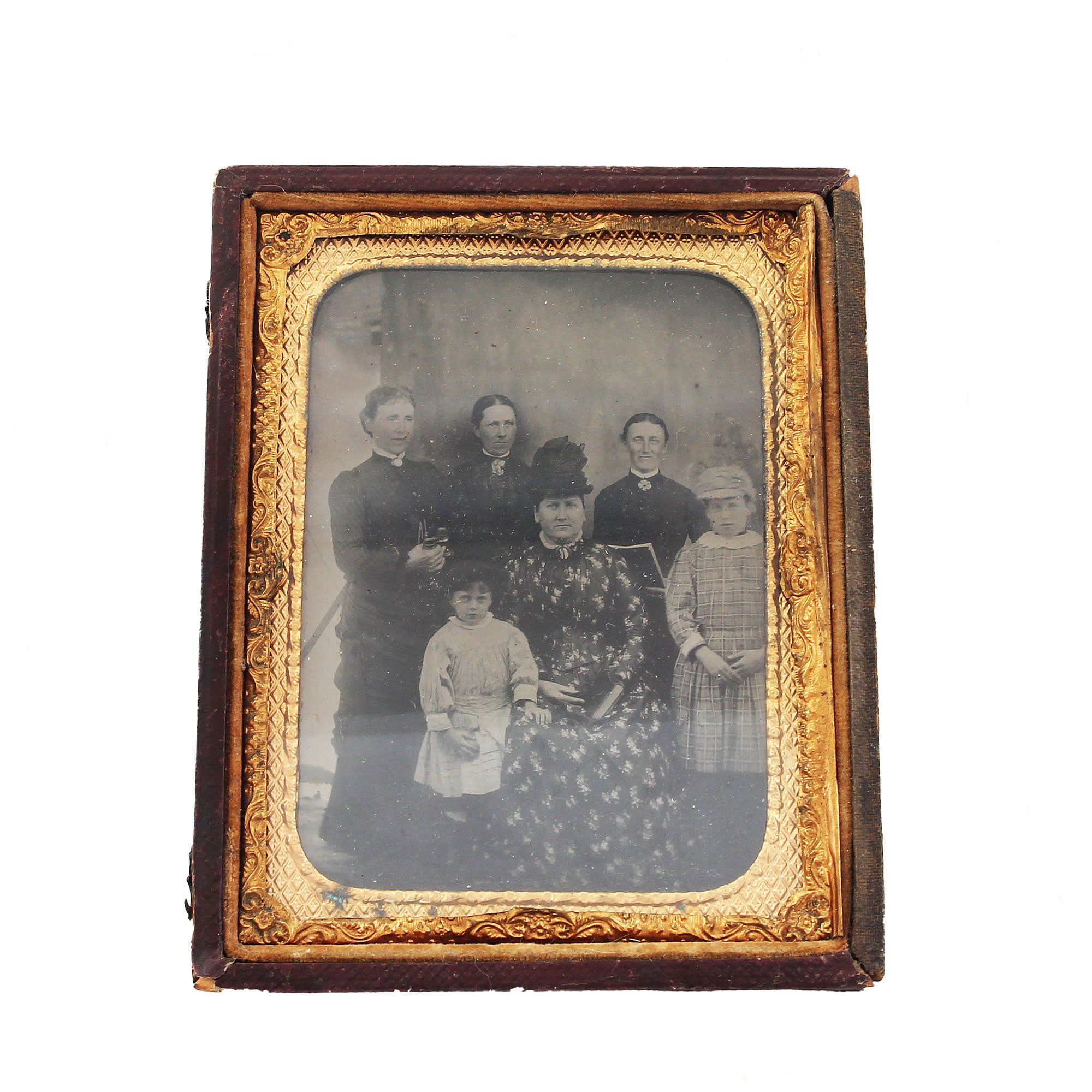 An antique tintype group photo of ladies in the 1800s gilt frame