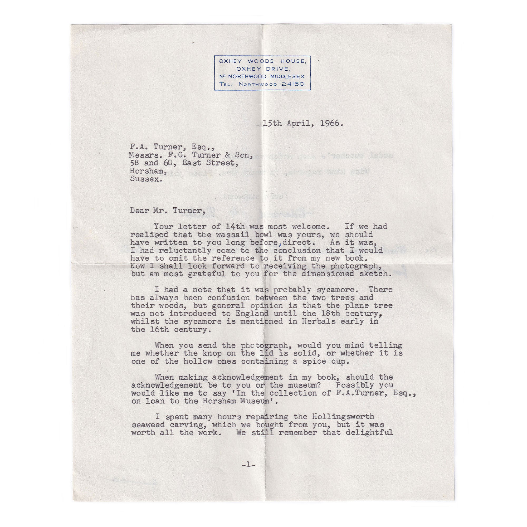 A vintage letter to Mr Turner from Mr Edward Pinto dated 15 April 1966