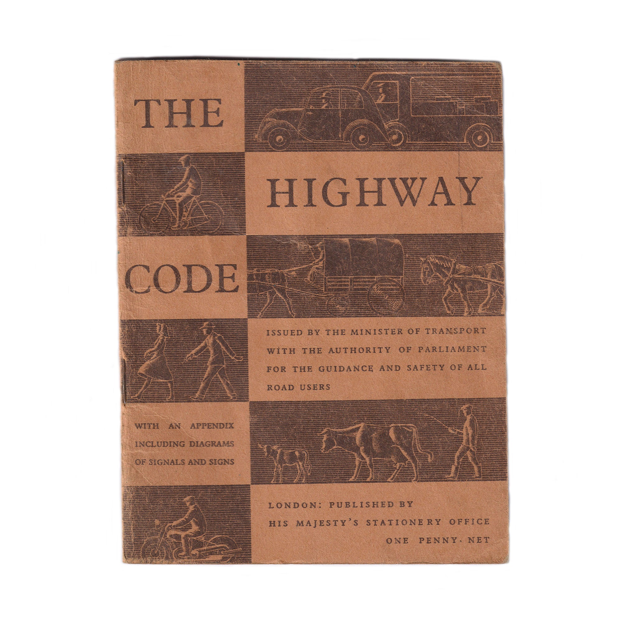 An old vintage 1940s Highway Code booklet in orange with illustrations and text