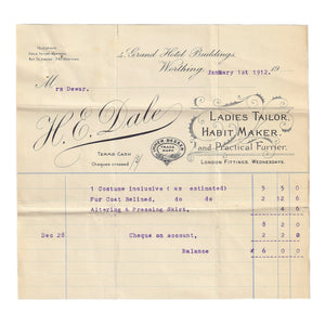 An old invoice dated 1 January 1912 from H E Dale Tailor in Worthing