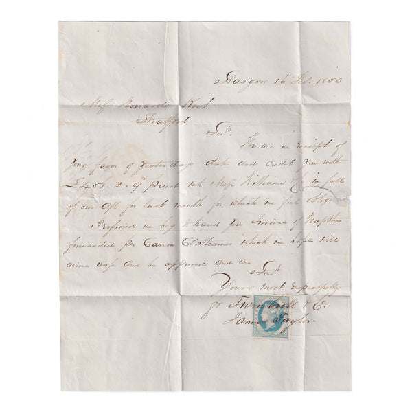 A handwritten old letter with red penny stamp dated 1853