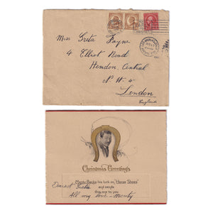 A christmas card from Monty Banks to Greta Fayne dated 1917 with envelope