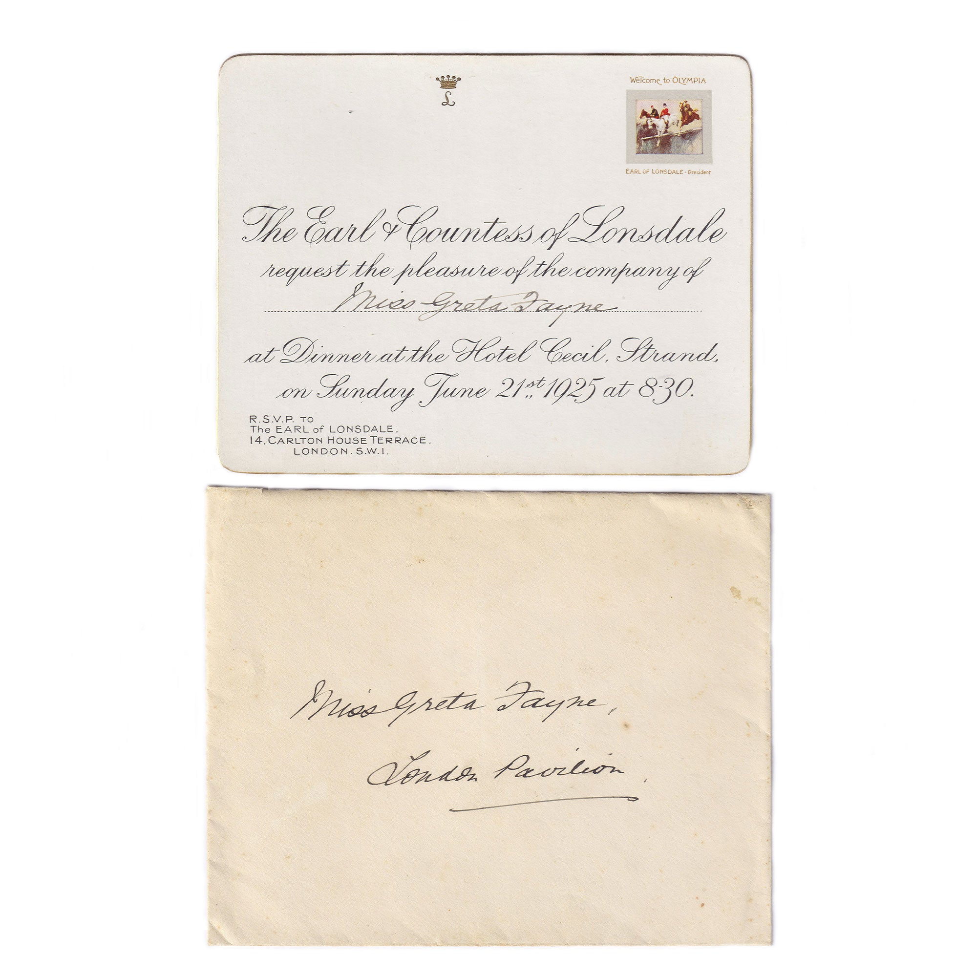 An invitation from Earl of Lonsdale to Greta Fayne with envelope dated 21 June 1925