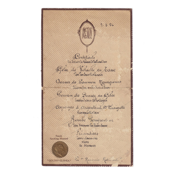 A 1920s rare unique handwritten menu with golden guinea 