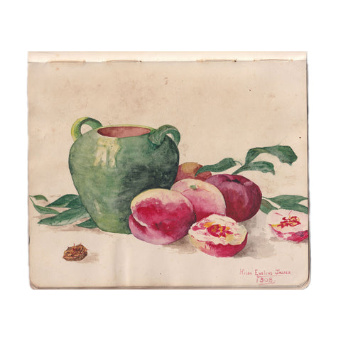 A painting of some peaches and a pot dated 1909