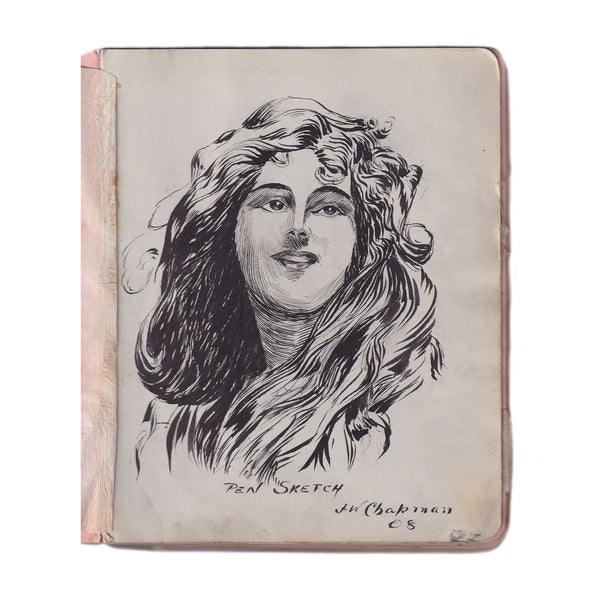 A pen sketch of a woman dated 1908 by J W Chapman 