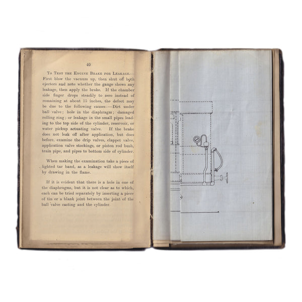 Blue linen fold out illustrations of Questions for Enginemen and Fireman book dated 1910