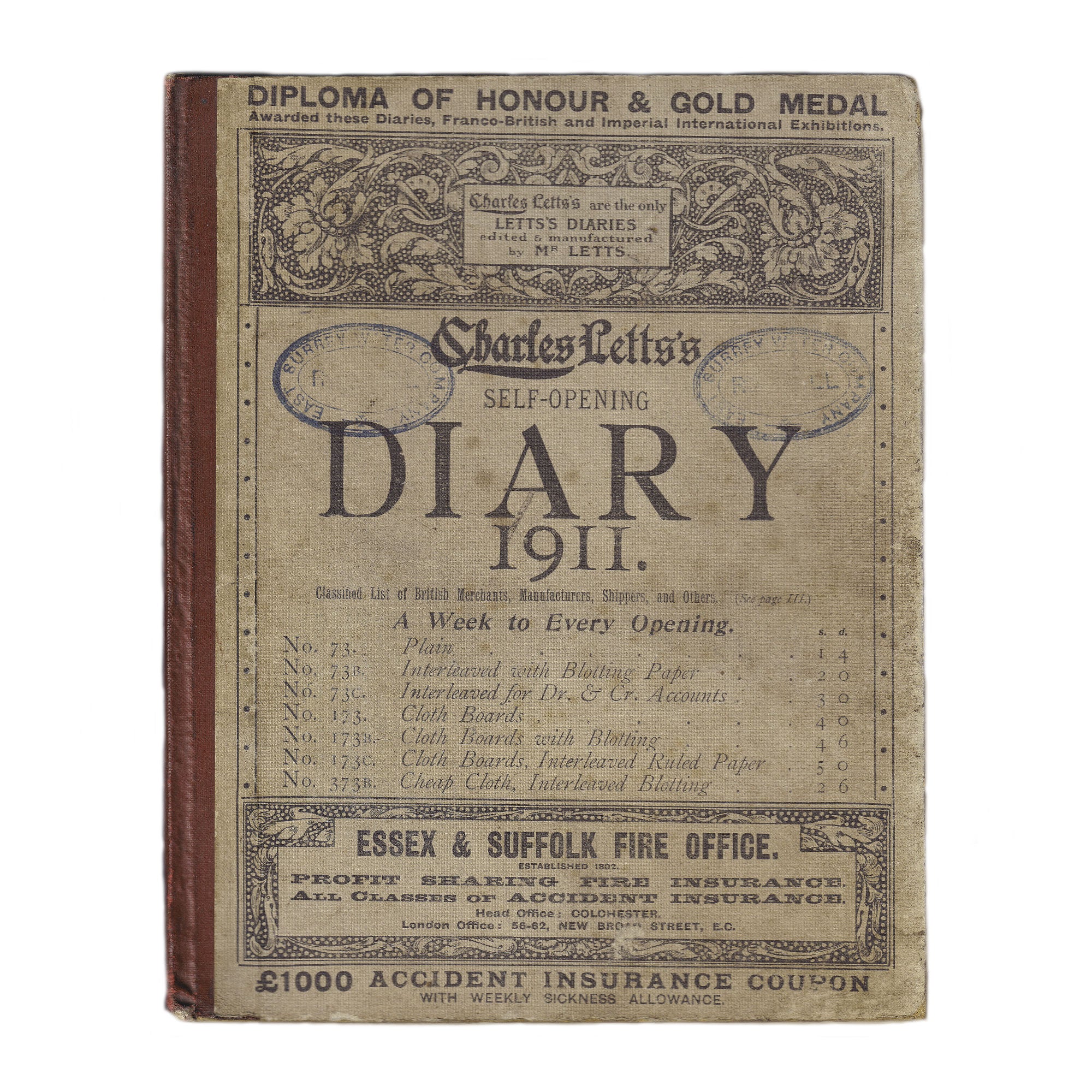 An old Charles Letts diary dated 1911 with notes inside