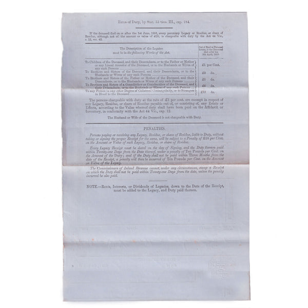 A really old legacy receipt both sides dated 1885