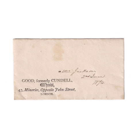 A small envelope antique for prescription dated 1874 from Good formerly Cundell Chemist