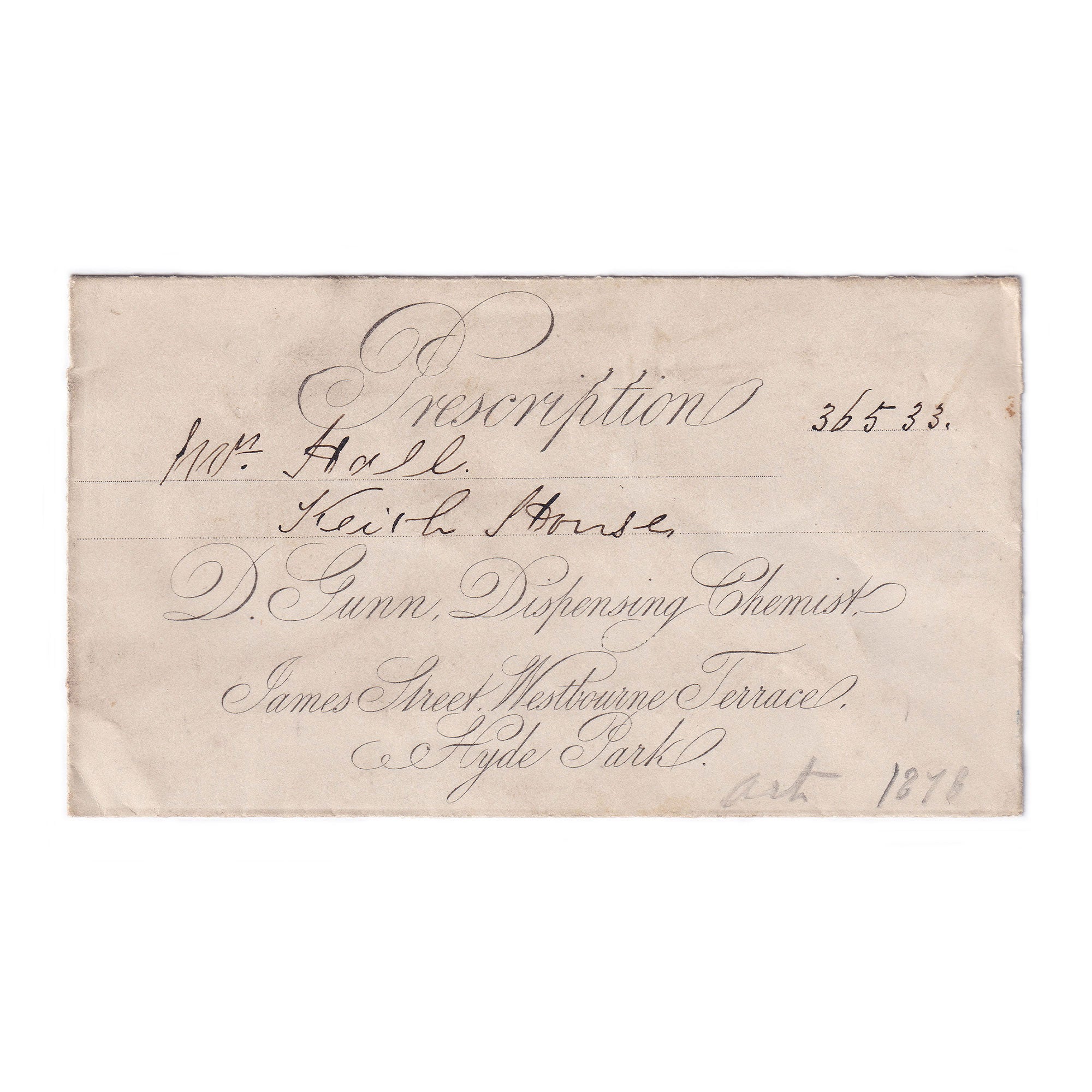 A very old prescription envelope reference 36533 dated 1878 