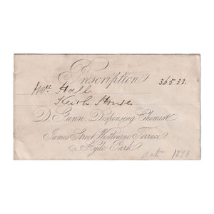 A very old prescription envelope reference 36533 dated 1878 