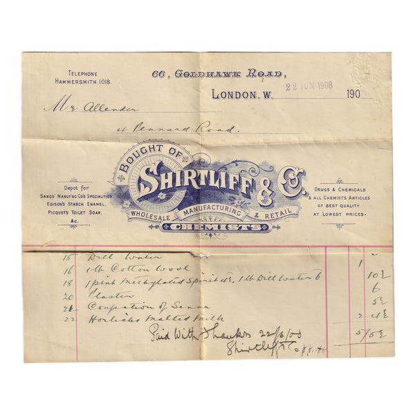 A prescription dated 1908 from Shirtliff & Co Chemists of London 