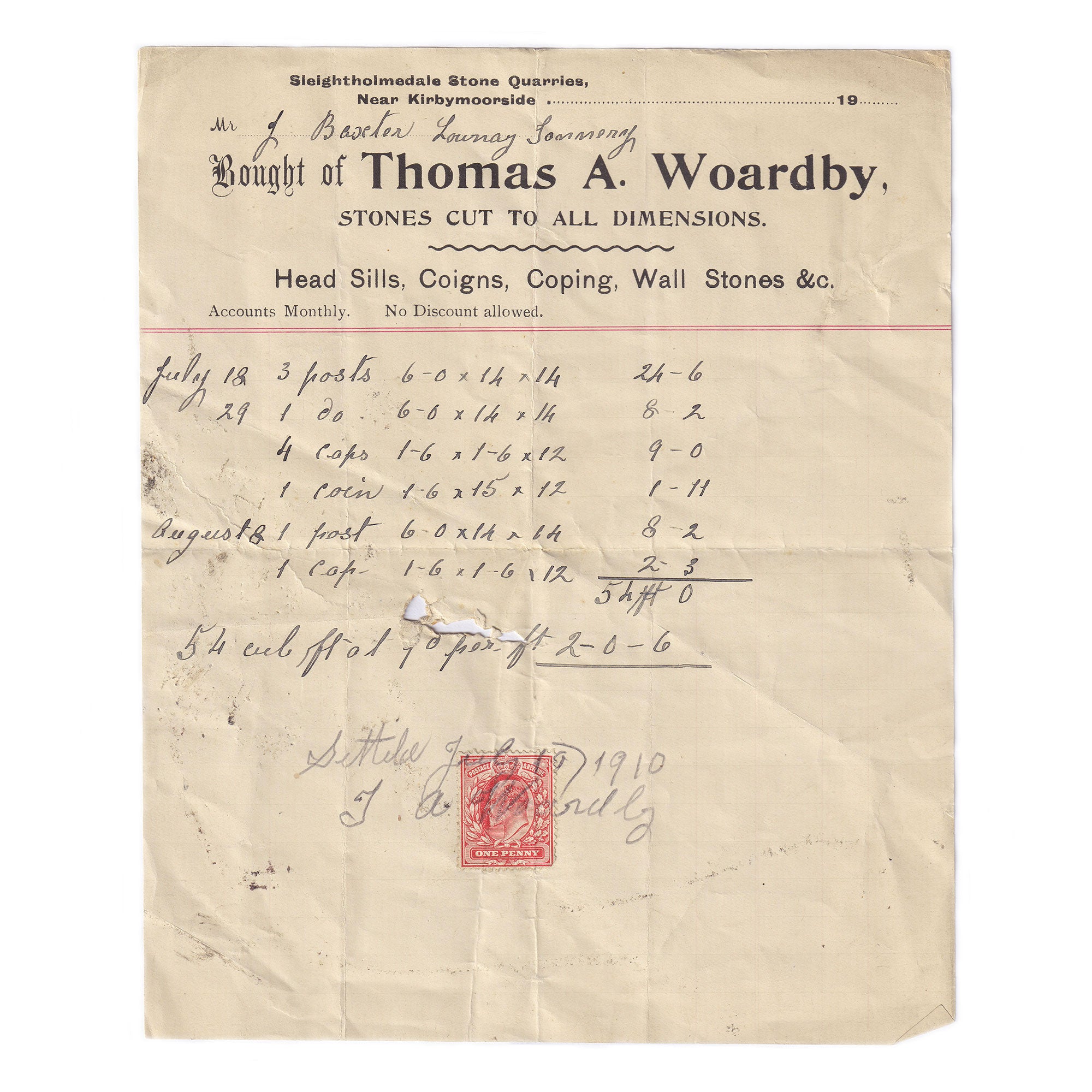 Thomas A Woardby invoice dated 1910 and signed with one penny stamp