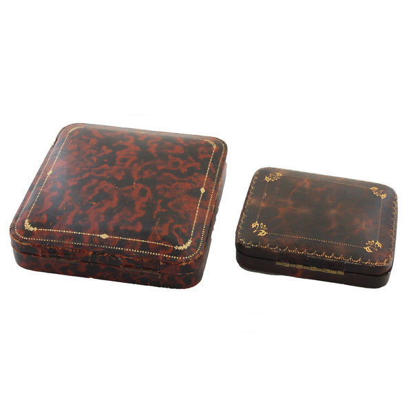 A set of 2 fancy jewellery disply boxes square and rectangular brown with gold border