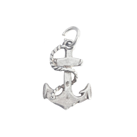 secondhand silver anchor charm with rope twisted around 