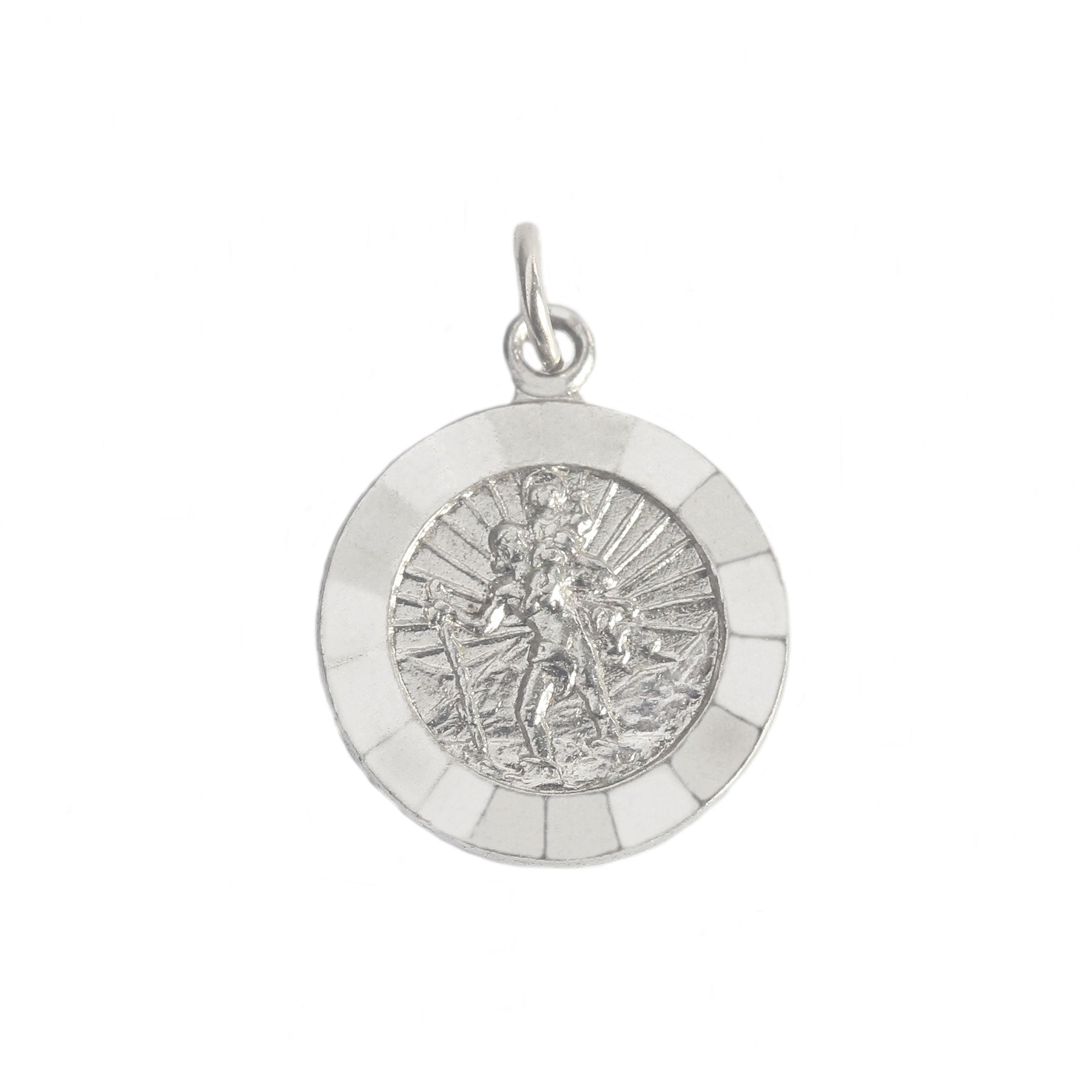 A small round St Christopher pendant in silver with a diamond cut border