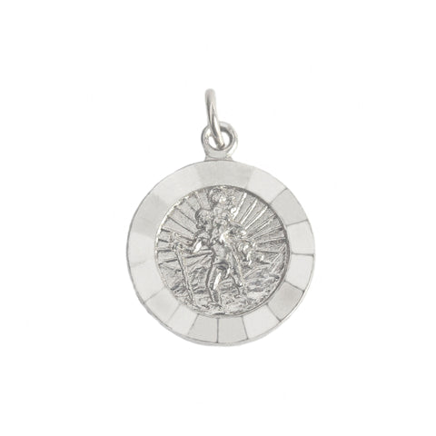 A small round St Christopher pendant in silver with a diamond cut border