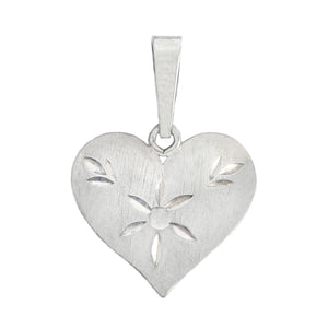 A large satin finish heart shaped pendant with floral pattern