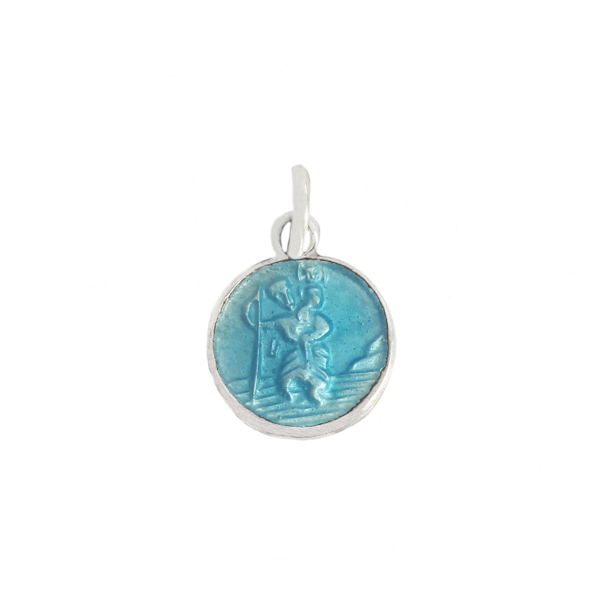 A secondhand tiny silver round St Christopher with blue enamel and plain back with SILVER engraved