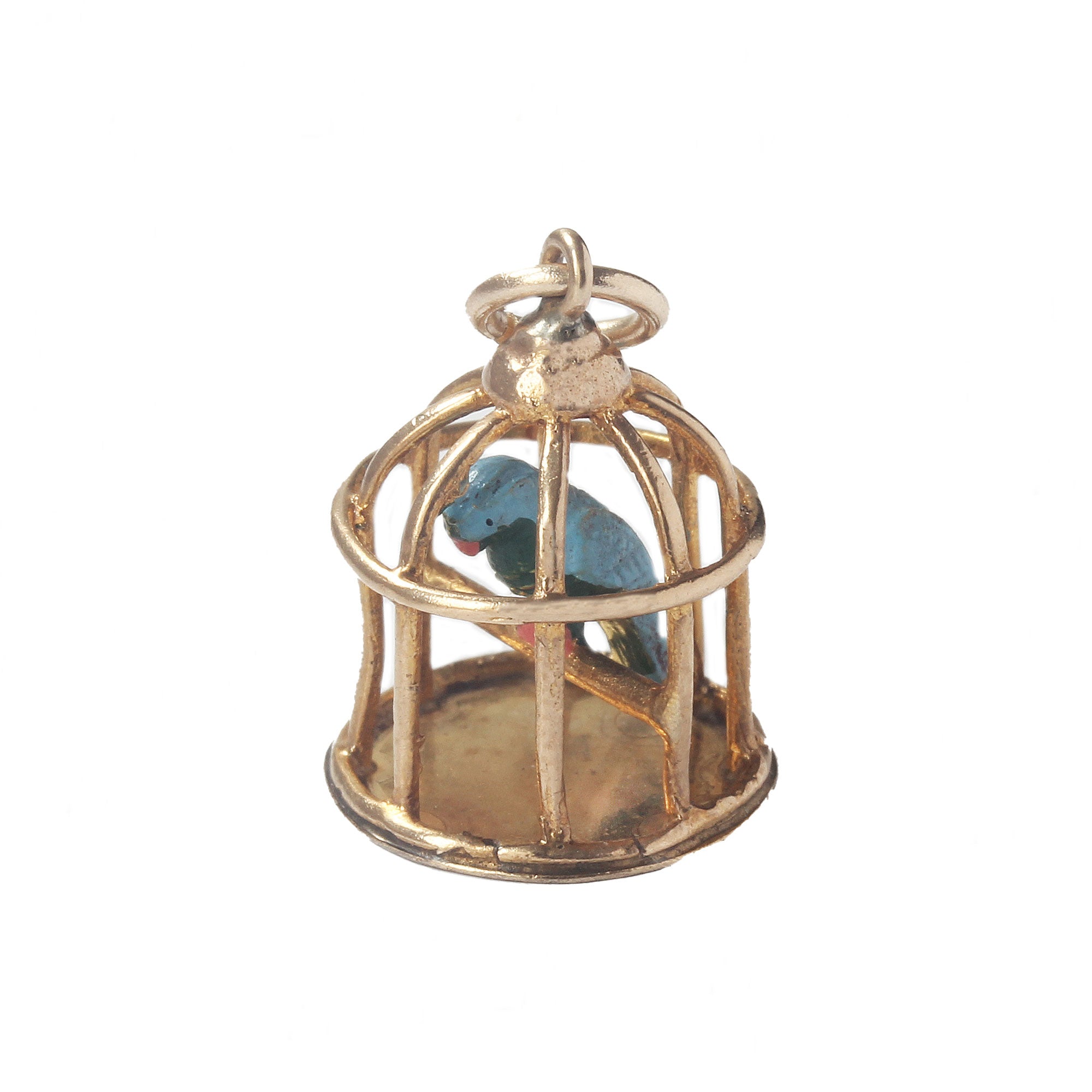 Vintage Parrot In a Cage With Superb Enamel Detail in 9ct Gold Dated 1963