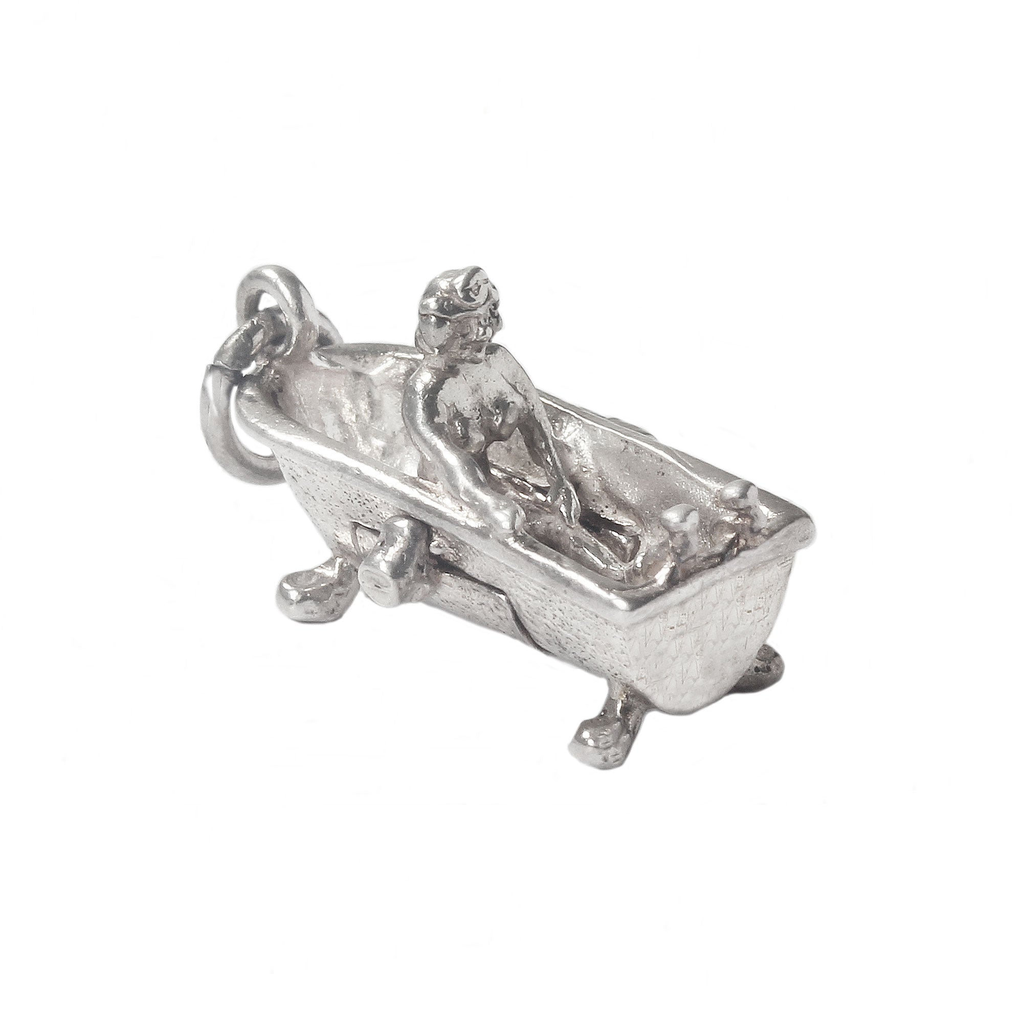 A novelty woman in the bath silver charm with opening hinge