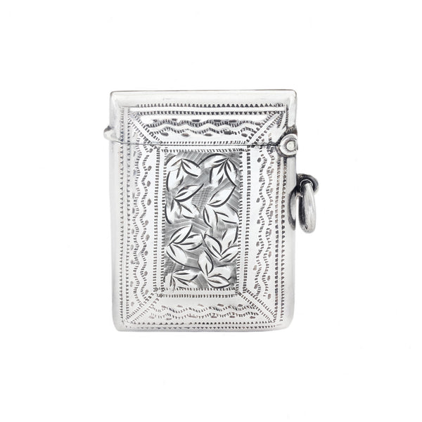 A leaf and wave pattern vesta case in sterling silver dated 1905 with hinge and hallmark