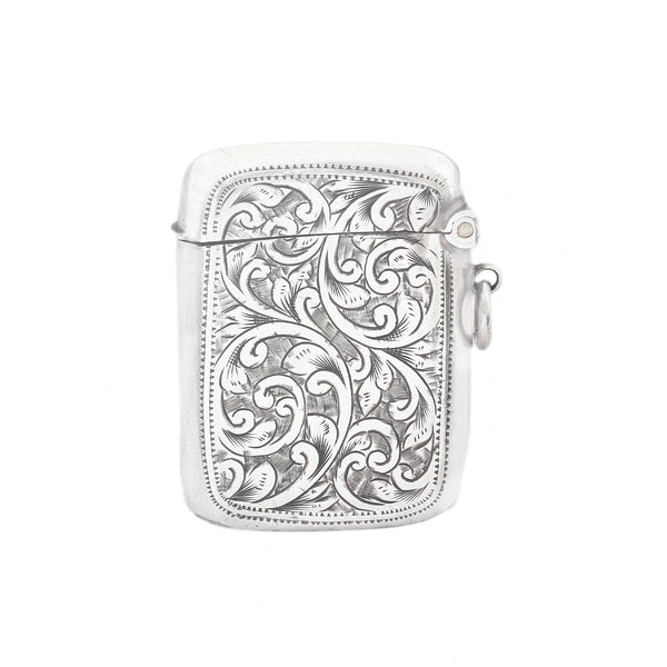 A floral secondhand silver vesta case dated 1906 with hinge 