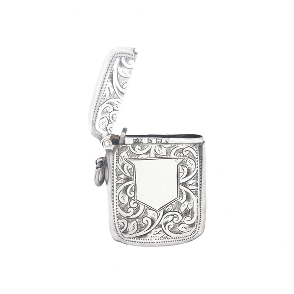 A preowned silver vesta case with space for engraving floral design