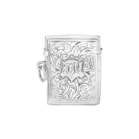 A leaf pattern scroll vesta case in silver with JM initials